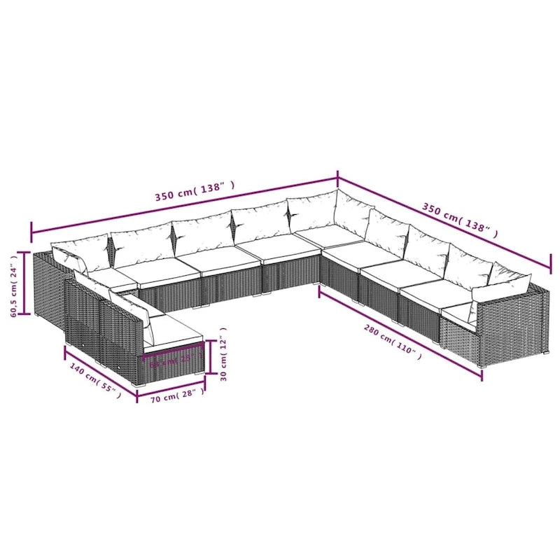 vidaXL Salon de jardin avec coussins en résine tressée marron - 70 x 70 x 61 cm - 70 x 70 x 61 cm