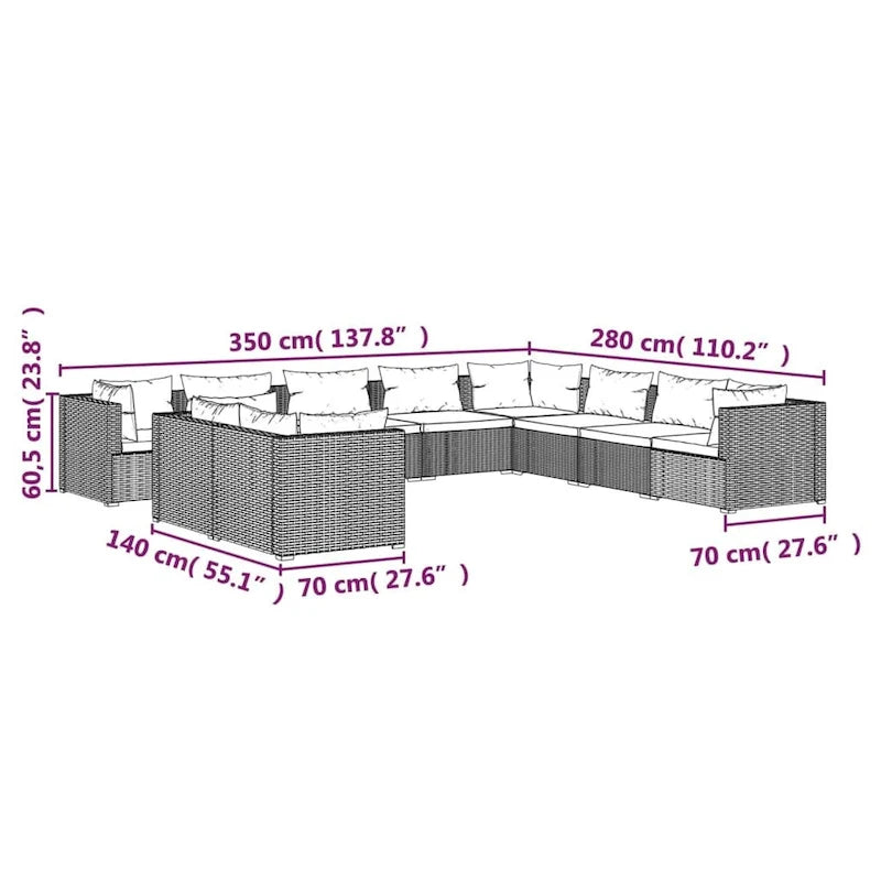 vidaXL Salon de jardin avec coussins en résine tressée marron - 70 x 70 x 61 cm - 70 x 70 x 61 cm