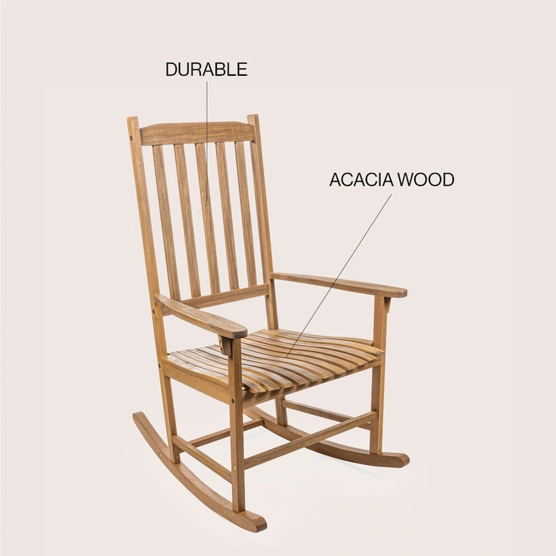 Chaise à bascule d'extérieur Parker Farmhouse Classic Slat-Back en bois d'acacia, supportant 158 kg, par JONATHAN Y