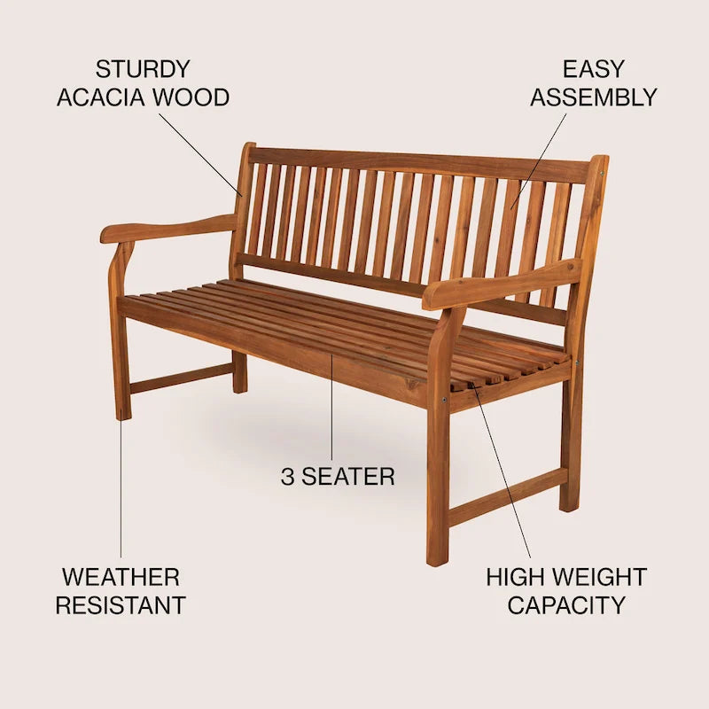 Banc de jardin/patio d'extérieur en bois d'acacia Blane 59.1, 3 places à dossier à lattes, supporte 272 kg, par JONATHAN Y