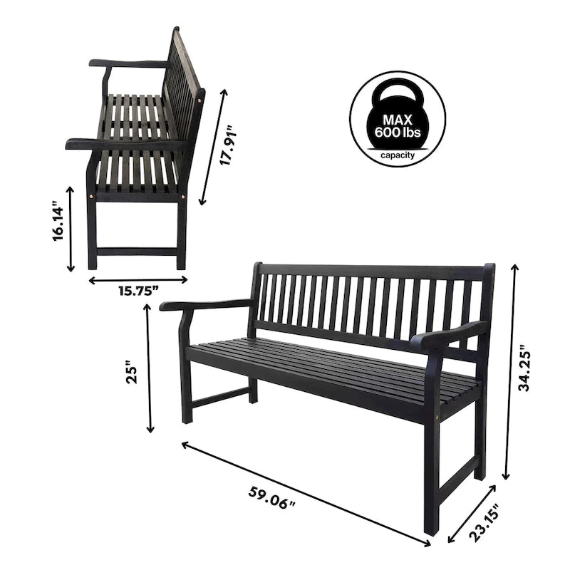 Banc de jardin/patio d'extérieur en bois d'acacia Blane 59.1, 3 places à dossier à lattes, supporte 272 kg, par JONATHAN Y
