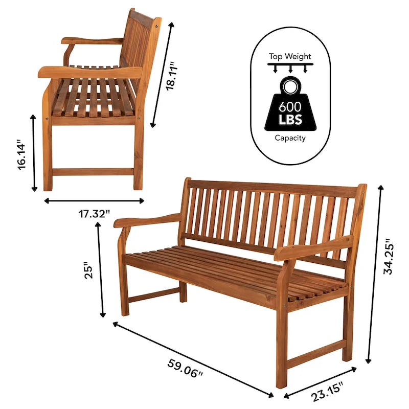 Banc de jardin/patio d'extérieur en bois d'acacia Blane 59.1, 3 places à dossier à lattes, supporte 272 kg, par JONATHAN Y