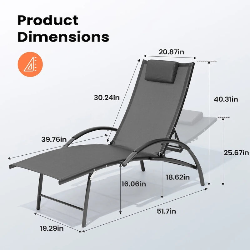 Chaises longues pliantes réglables d'extérieur avec appuie-tête (Lot de 2)
