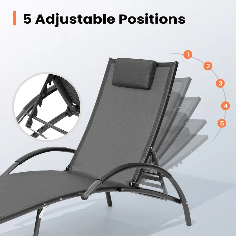 Chaises longues pliantes réglables d'extérieur avec appuie-tête (Lot de 2)