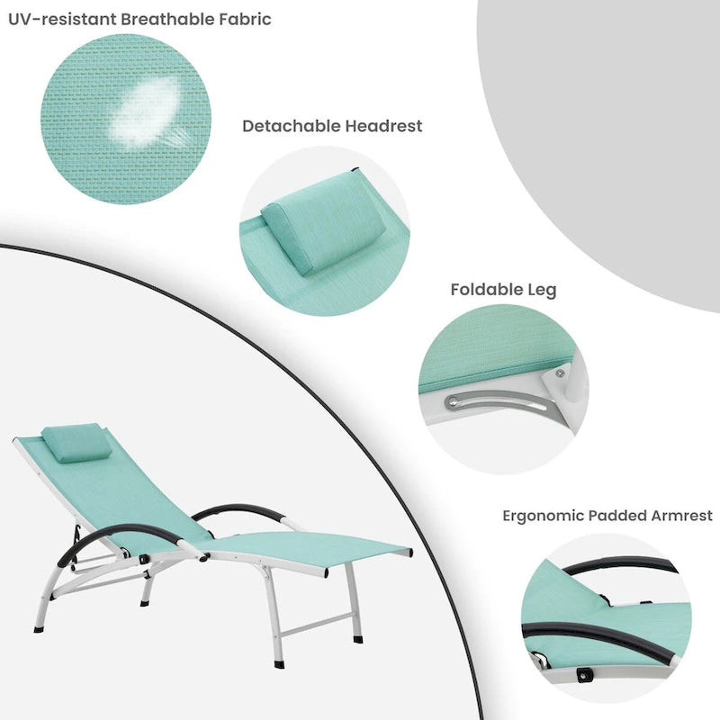 Chaises longues pliantes réglables d'extérieur avec appuie-tête (Lot de 2)