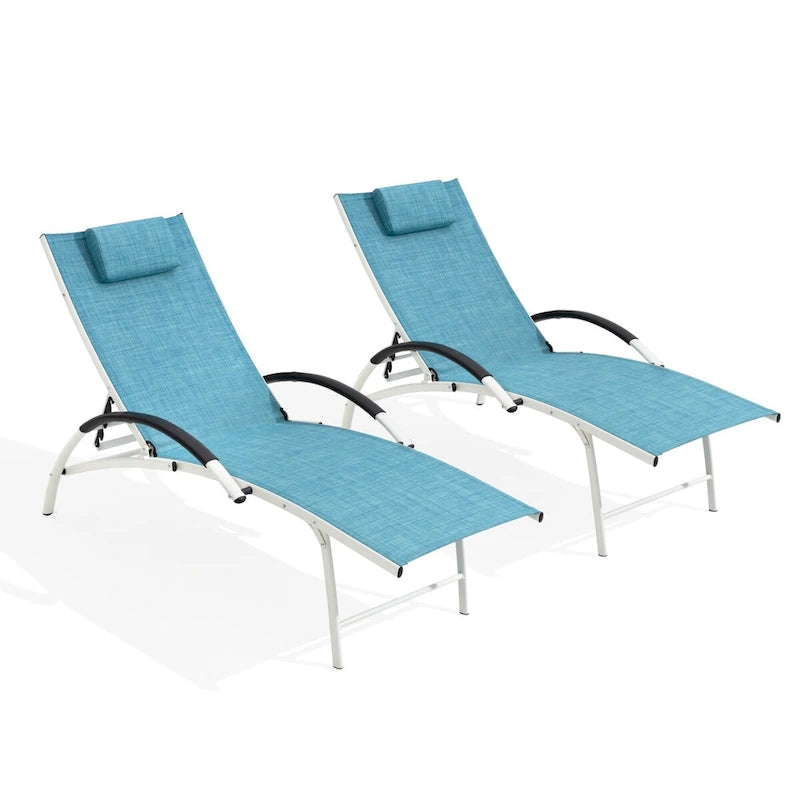 Chaises longues pliantes réglables d'extérieur avec appuie-tête (Lot de 2)