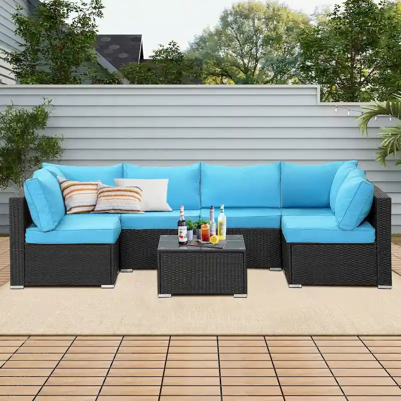 Salon de jardin d'angle 7 pièces en osier avec coussins bleus - 85*78