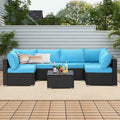 Salon de jardin d'angle 7 pièces en osier avec coussins bleus - 85*78