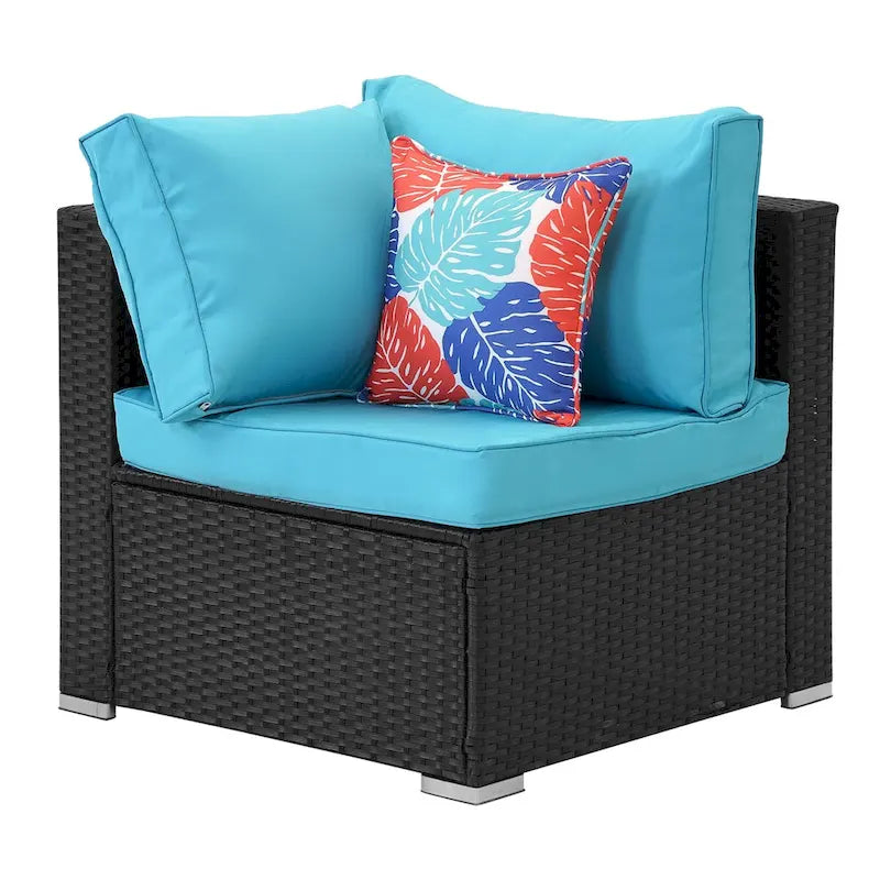 Salon de jardin d'angle 7 pièces en osier avec coussins bleus - 85*78