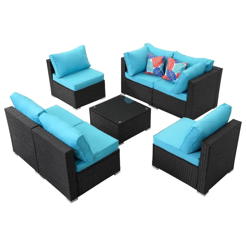 Salon de jardin d'angle 7 pièces en osier avec coussins bleus - 85*78