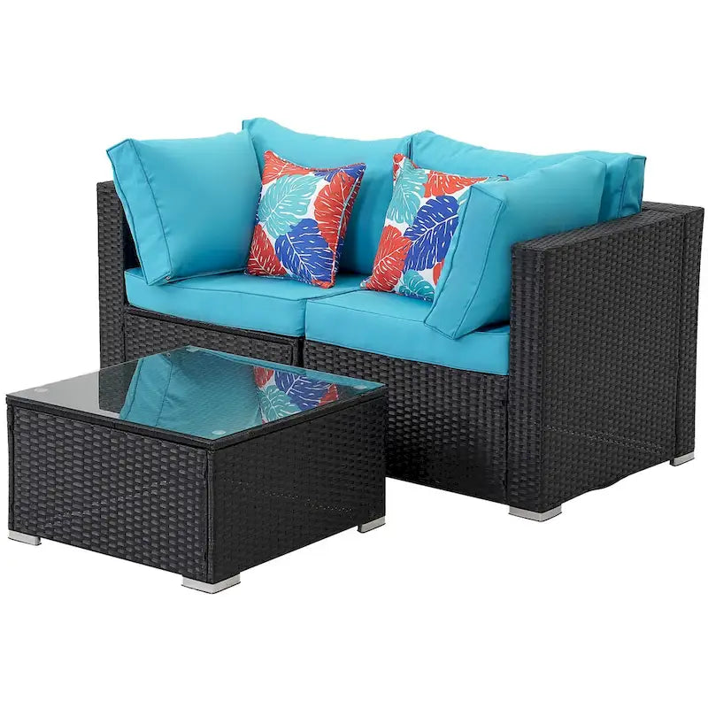 Salon de jardin d'angle 7 pièces en osier avec coussins bleus - 85*78