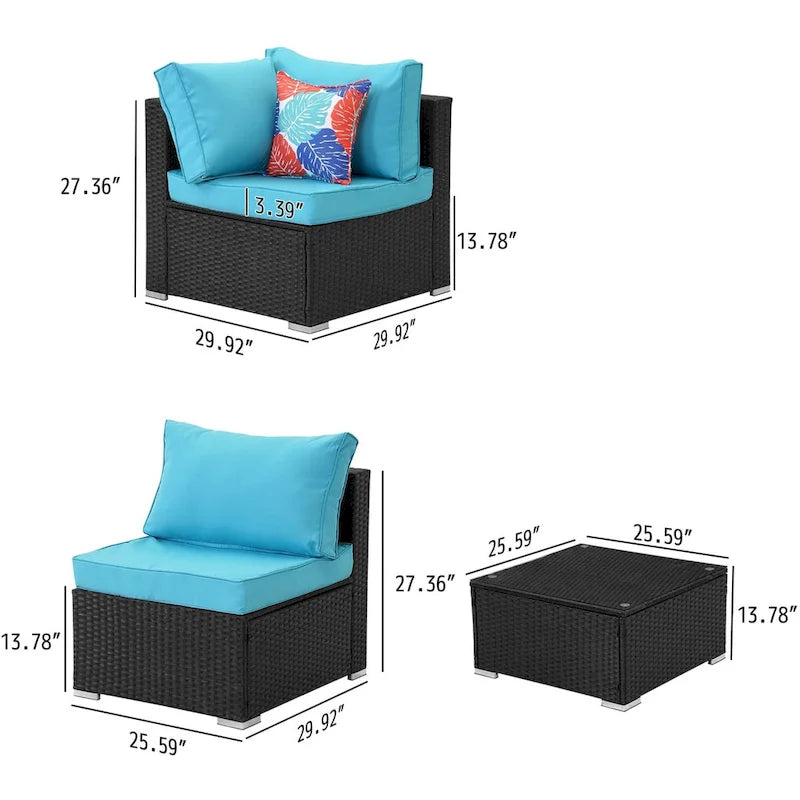 Salon de jardin d'angle 7 pièces en osier avec coussins bleus - 85*78