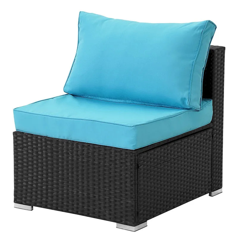 Salon de jardin d'angle 7 pièces en osier avec coussins bleus - 85*78