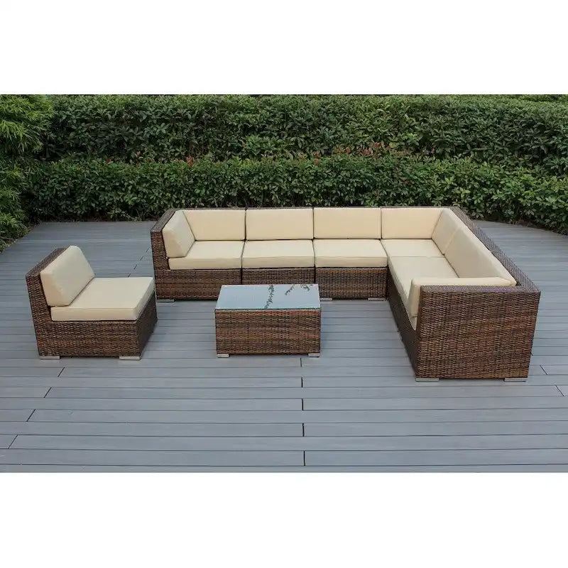 Canapé d'extérieur Ohana 8 pièces en osier marron mélangé avec coussins - Aucun assemblage requis