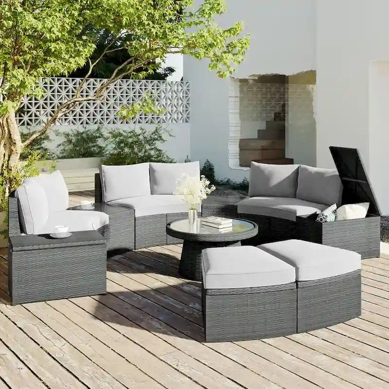 Ensemble de canapé d'extérieur en rotin 10 pièces avec causeuses, tables d'appoint, poufs et coffres de rangement, ensemble de mobilier de patio en osier de polyéthylène
