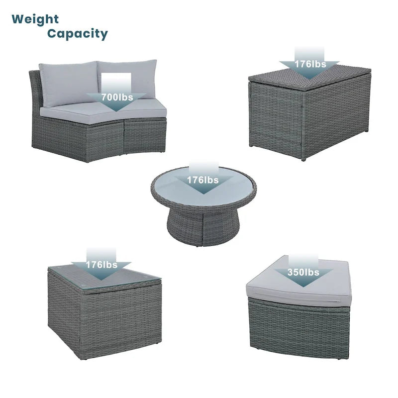 Ensemble de canapé d'extérieur en rotin 10 pièces avec causeuses, tables d'appoint, poufs et coffres de rangement, ensemble de mobilier de patio en osier de polyéthylène