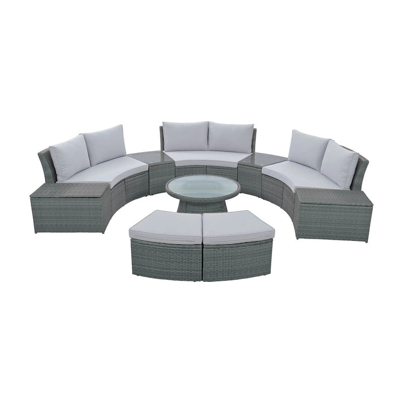 Ensemble de canapé d'extérieur en rotin 10 pièces avec causeuses, tables d'appoint, poufs et coffres de rangement, ensemble de mobilier de patio en osier de polyéthylène