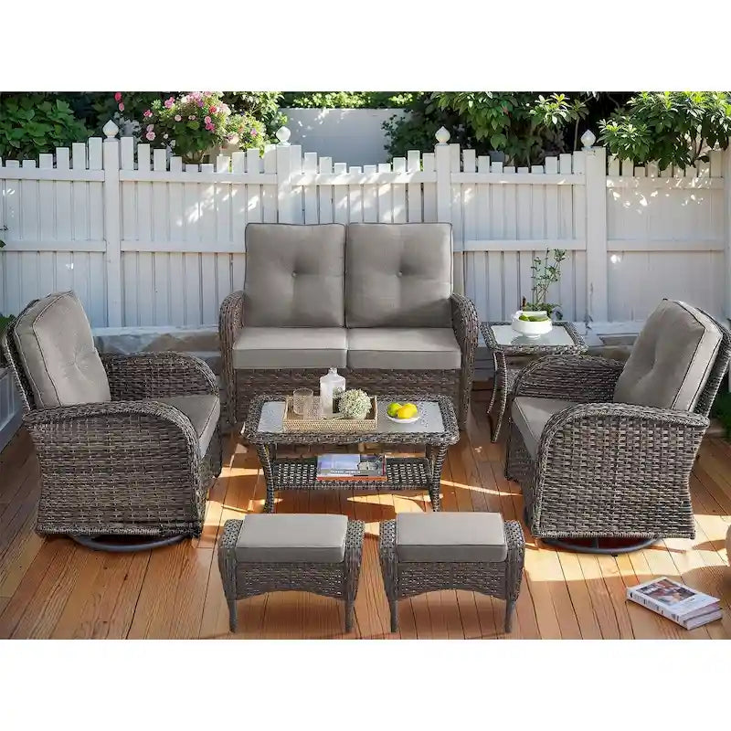 Table basse, causeuse, fauteuil pivotant et ottomans de patio - Marron