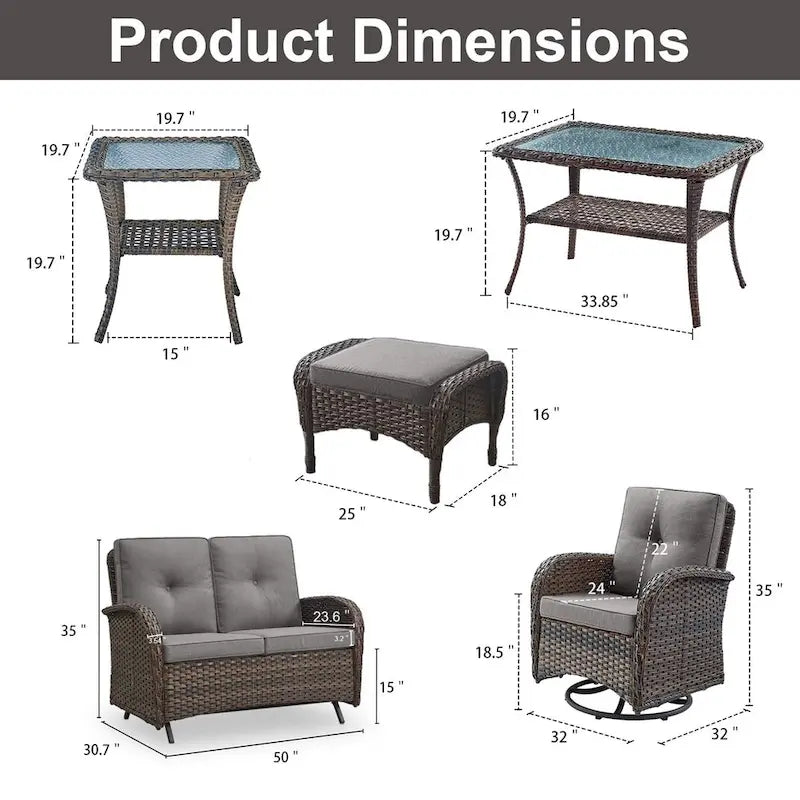 Table basse, causeuse, fauteuil pivotant et ottomans de patio - Marron