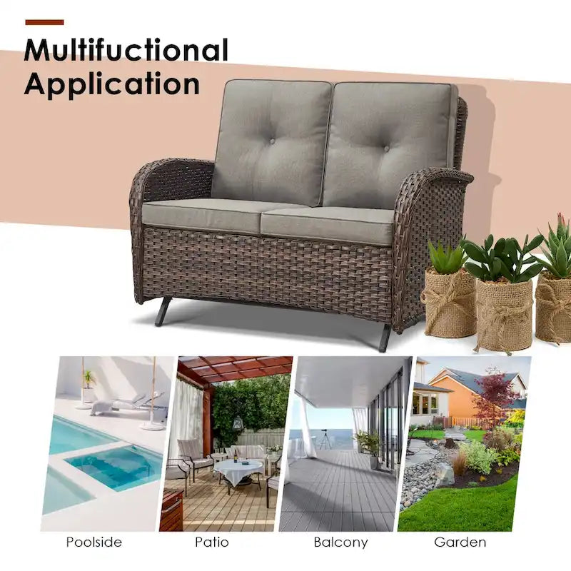 Table basse, causeuse, fauteuil pivotant et ottomans de patio - Marron