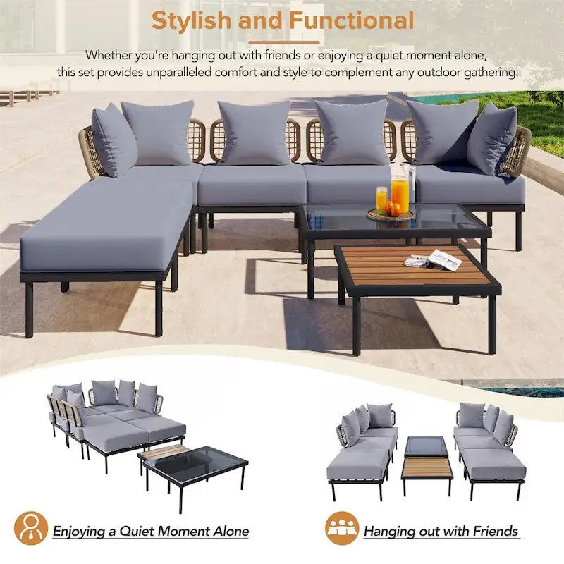 Ensemble de canapé d'angle de patio 8 pièces avec table basse