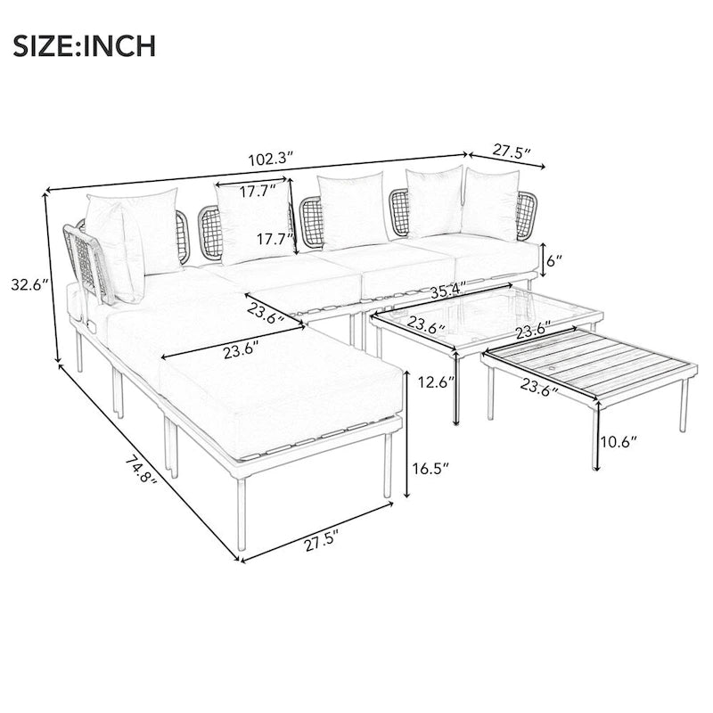 Ensemble de canapé d'angle de patio 8 pièces avec table basse