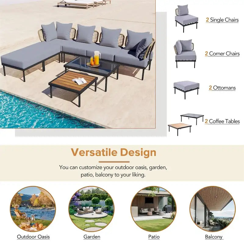Ensemble de canapé d'angle de patio 8 pièces avec table basse