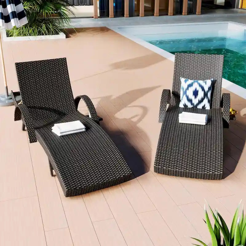 80 Outdoor Wicker Chaise Lounge Chairs Set of 2, Patio Rattan Reclining Chair Pull-out Side Table Adjustable Backrest