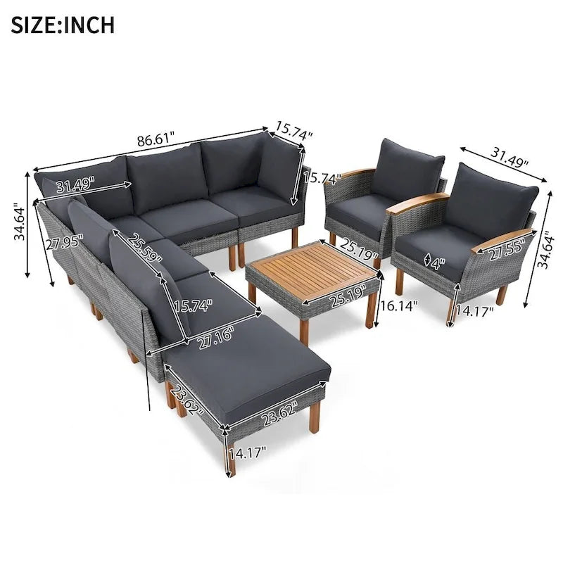 Salon de jardin 9 pièces en rotin, Mobilier d'extérieur avec pieds et plateau de table en bois d'acacia