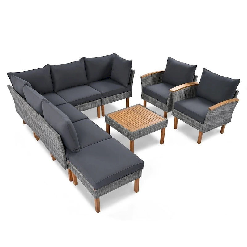 Salon de jardin 9 pièces en rotin, Mobilier d'extérieur avec pieds et plateau de table en bois d'acacia