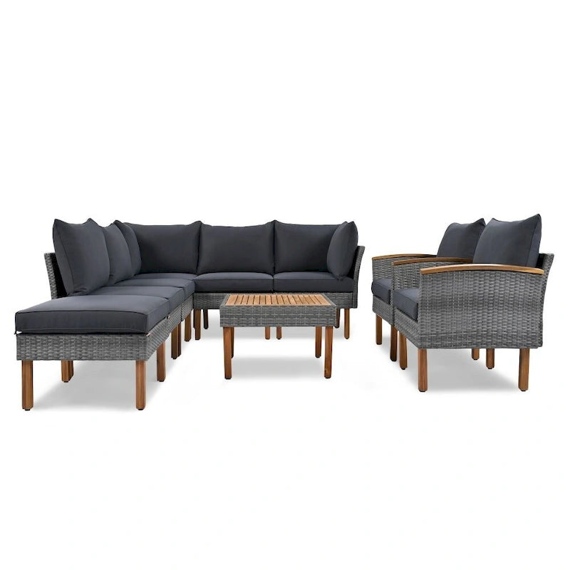 Salon de jardin 9 pièces en rotin, Mobilier d'extérieur avec pieds et plateau de table en bois d'acacia