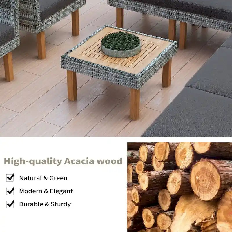 Salon de jardin 9 pièces en rotin, Mobilier d'extérieur avec pieds et plateau de table en bois d'acacia
