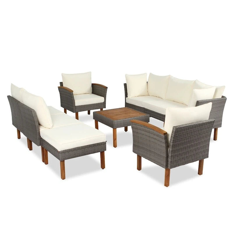Salon de jardin 9 pièces en rotin, Mobilier d'extérieur avec pieds et plateau de table en bois d'acacia