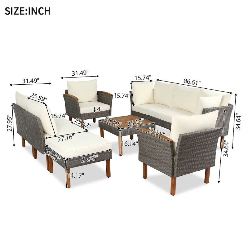 Salon de jardin 9 pièces en rotin, Mobilier d'extérieur avec pieds et plateau de table en bois d'acacia