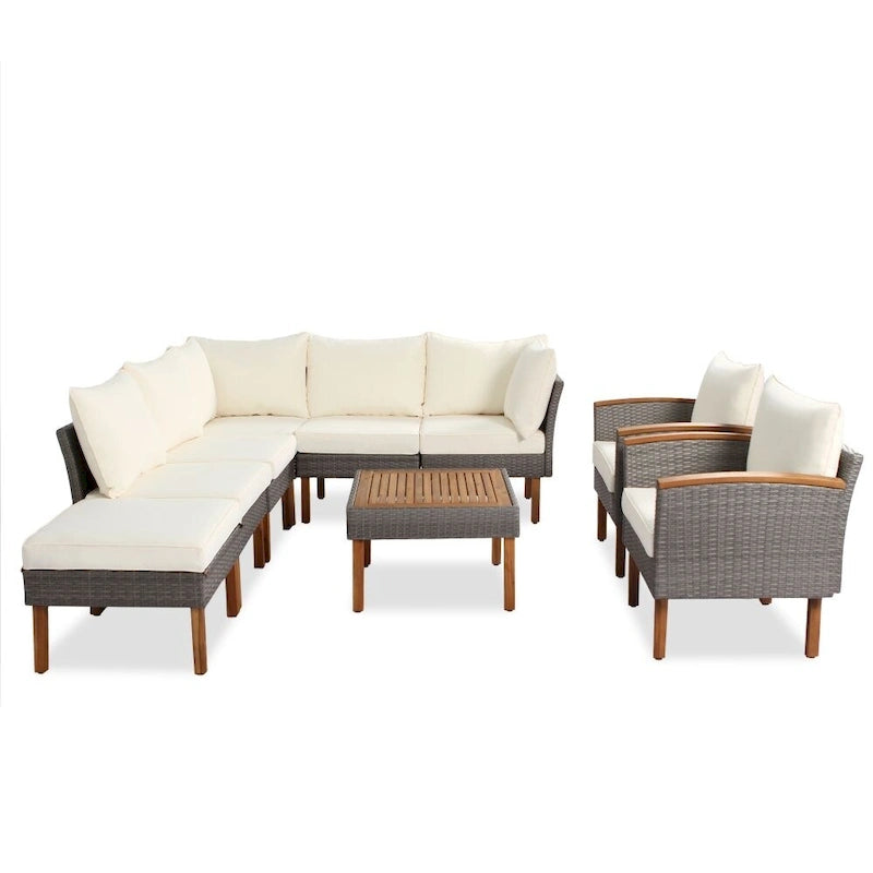 Salon de jardin 9 pièces en rotin, Mobilier d'extérieur avec pieds et plateau de table en bois d'acacia