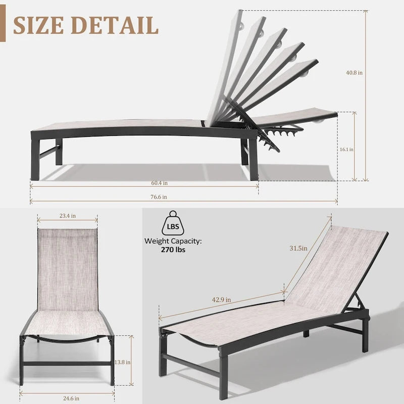VredHom Chaise longue d'extérieur réglable en aluminium - 153,4 cm L * 62,5 cm l * 40,9/103,6 cm H
