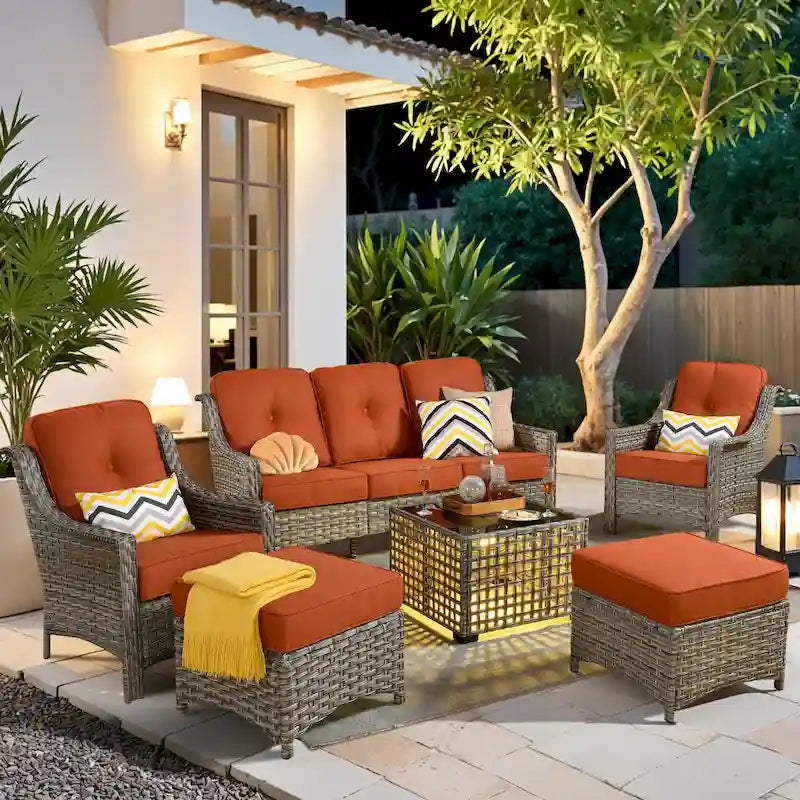 HOOOWOOO Ensemble de conversation 6 pièces en osier pour patio avec table basse