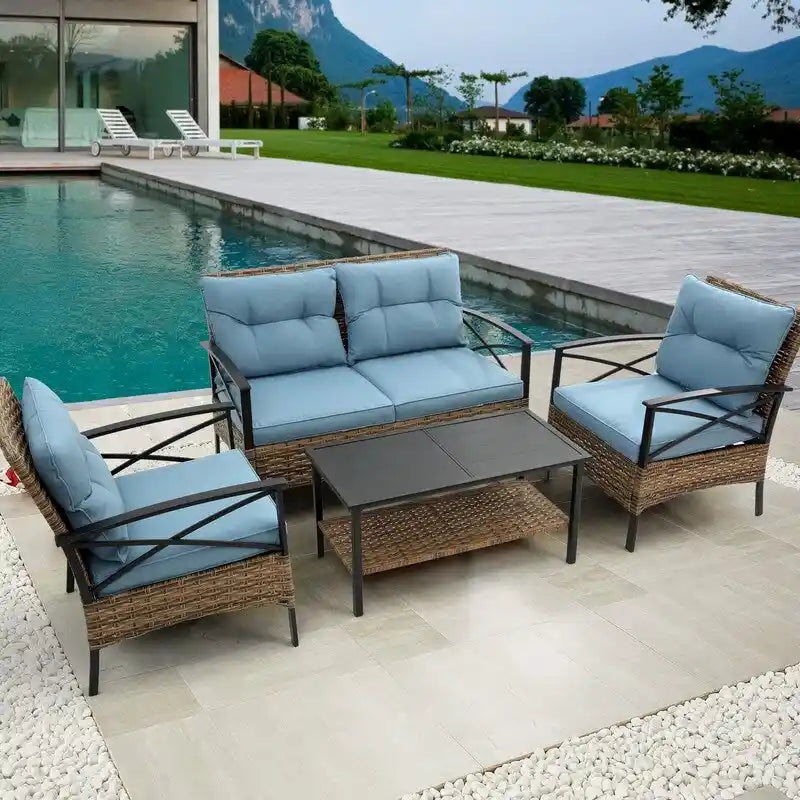 Salon de jardin 4 pièces en rotin avec coussins