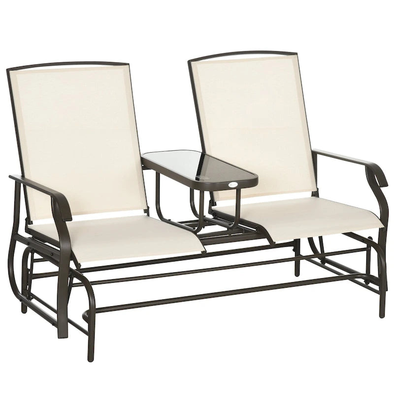 Banc planeur d'extérieur avec table centrale, causeuse de patio à cadre métallique avec tissu maillé respirant et accoudoirs