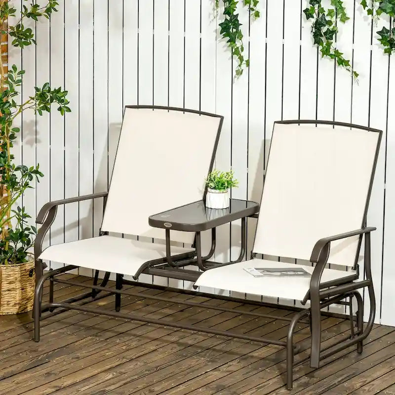 Outdoor Glider Bench with Center Table, Metal Frame Patio Loveseat with Breathable Mesh Fabric and Armrests