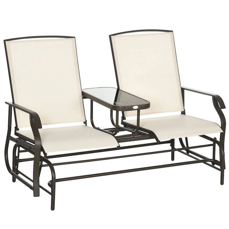 Banc planeur d'extérieur avec table centrale, causeuse de patio à cadre métallique avec tissu maillé respirant et accoudoirs