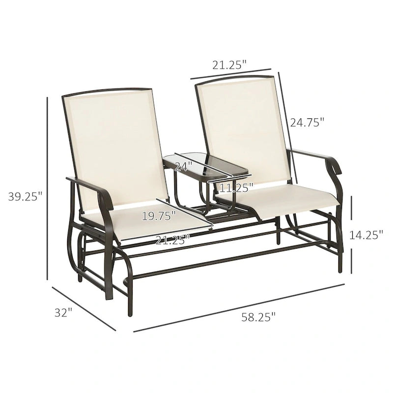 Banc planeur d'extérieur avec table centrale, causeuse de patio à cadre métallique avec tissu maillé respirant et accoudoirs
