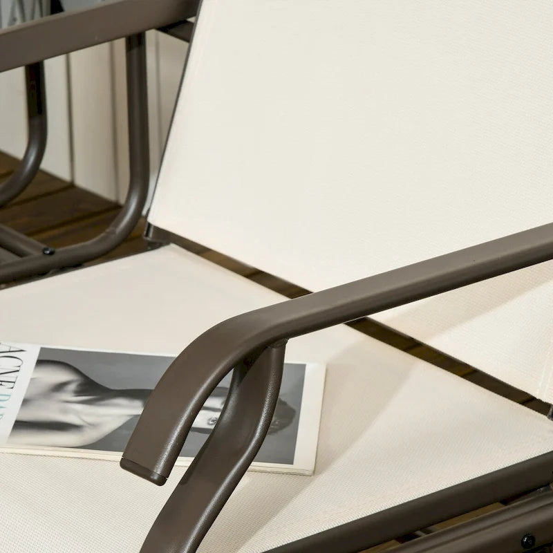 Banc planeur d'extérieur avec table centrale, causeuse de patio à cadre métallique avec tissu maillé respirant et accoudoirs