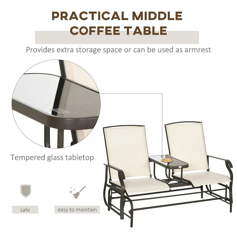 Banc planeur d'extérieur avec table centrale, causeuse de patio à cadre métallique avec tissu maillé respirant et accoudoirs