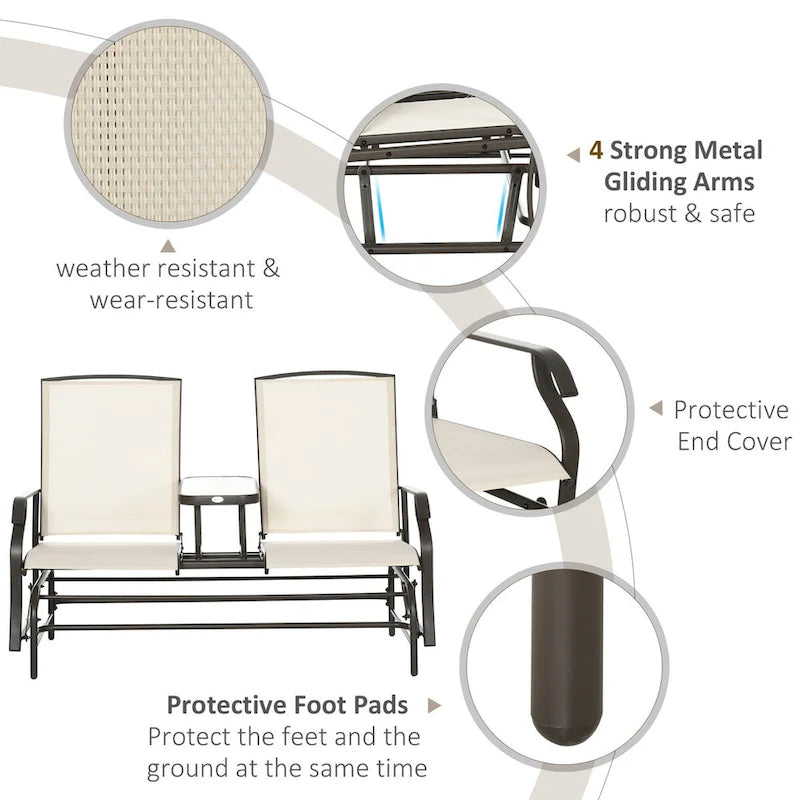 Banc planeur d'extérieur avec table centrale, causeuse de patio à cadre métallique avec tissu maillé respirant et accoudoirs