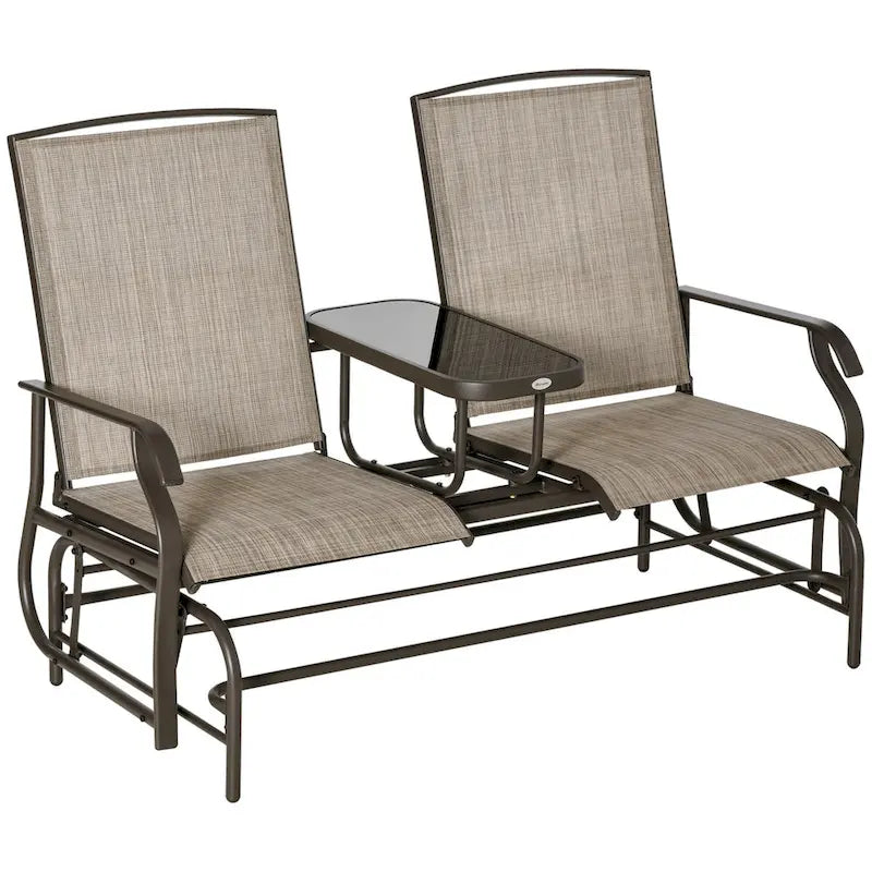 Banc planeur d'extérieur avec table centrale, causeuse de patio à cadre métallique avec tissu maillé respirant et accoudoirs
