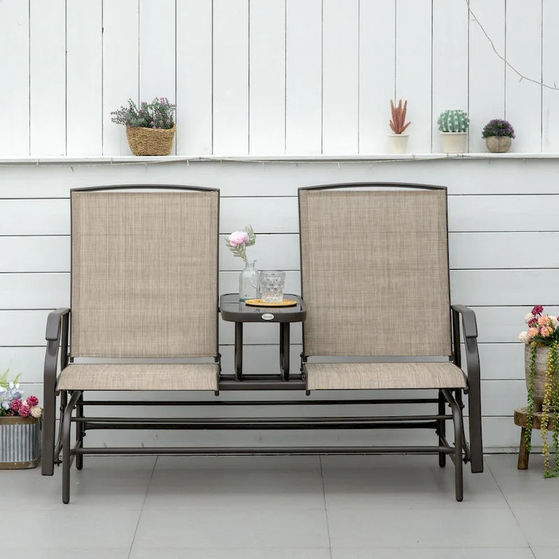 Banc planeur d'extérieur avec table centrale, causeuse de patio à cadre métallique avec tissu maillé respirant et accoudoirs