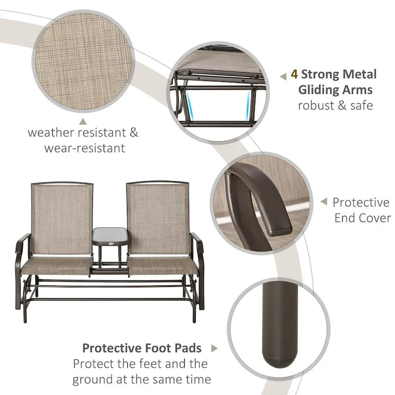 Banc planeur d'extérieur avec table centrale, causeuse de patio à cadre métallique avec tissu maillé respirant et accoudoirs