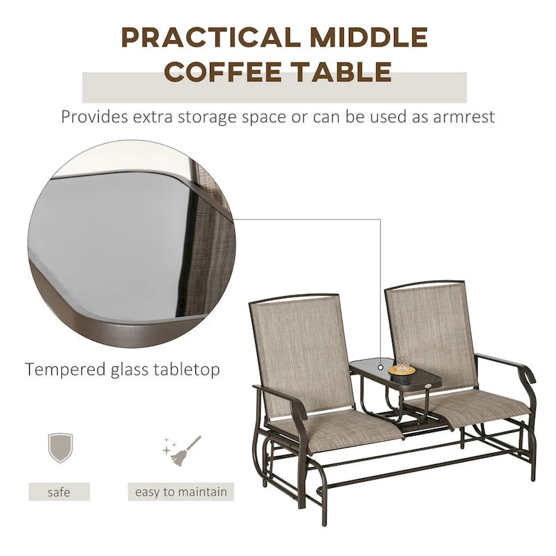 Banc planeur d'extérieur avec table centrale, causeuse de patio à cadre métallique avec tissu maillé respirant et accoudoirs