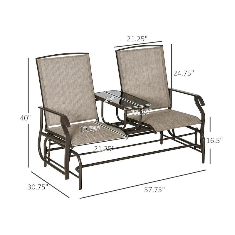 Banc planeur d'extérieur avec table centrale, causeuse de patio à cadre métallique avec tissu maillé respirant et accoudoirs